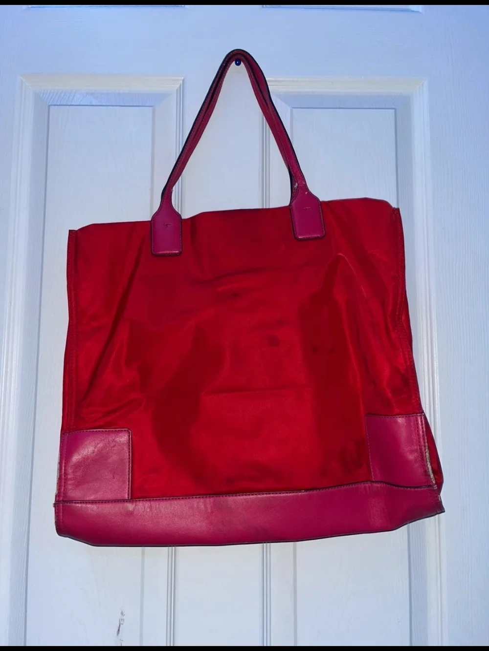Tory Burch Red Logo Nylon Tote with Leather Trim